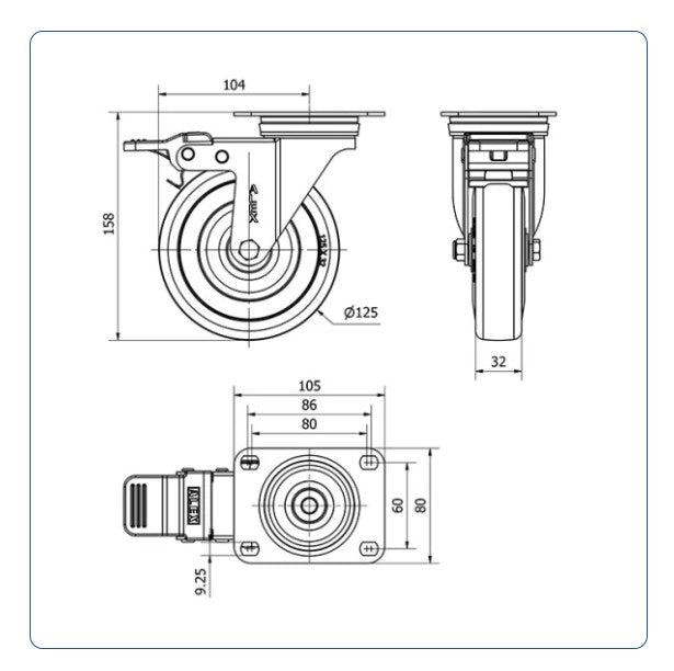 Grijs Rubber zwenkwiel geremd met topplaat- 125mm - 135kg