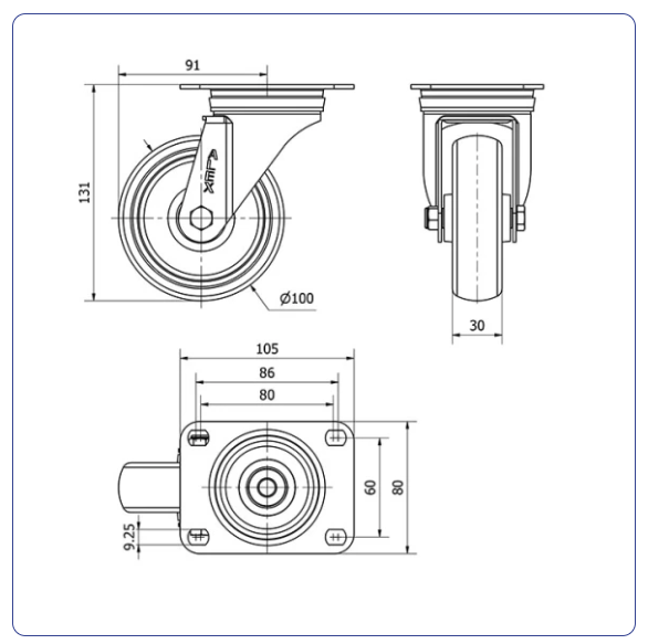 TPR Rubber Premium zwenkwiel  met topplaat - 100mm - 100kg Rollen