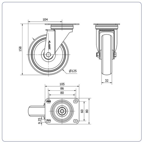 TPR Rubber Premium zwenkwiel  met topplaat - 125mm - 120kg Rollen