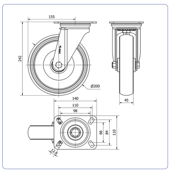 TPR Rubber Premium zwenkwiel  met topplaat - 200mm - 180kg