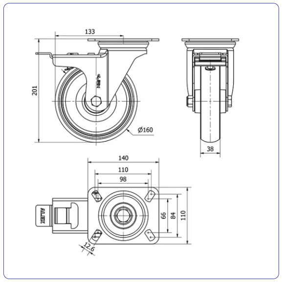Spuitgegoten Rubber zwenkwiel geremd met topplaat - 160mm - 160kg