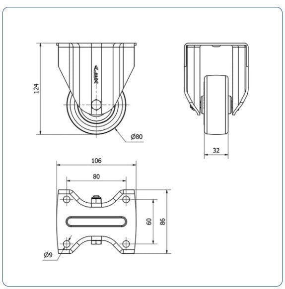 PU bokwiel - 80mm - 200kg