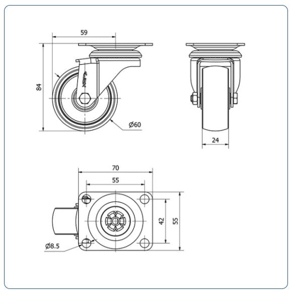 Nylon RVS zwenkwiel met topplaat - 60mm - 60kg