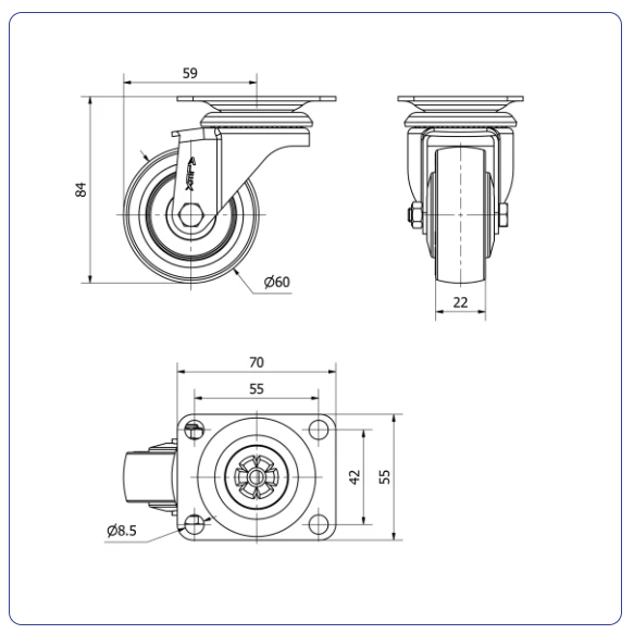 Polyurethaan RVS zwenkwiel met topplaat - 60mm - 70kg