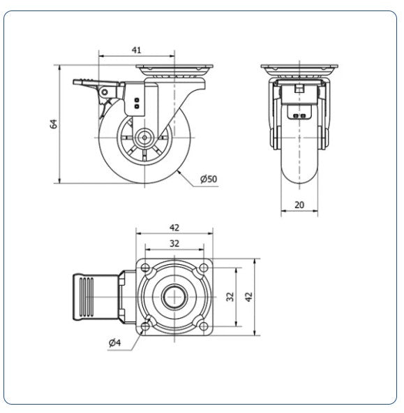 Transparant Meubel zwenkwiel geremd met topplaat  - 50mm - 40kg