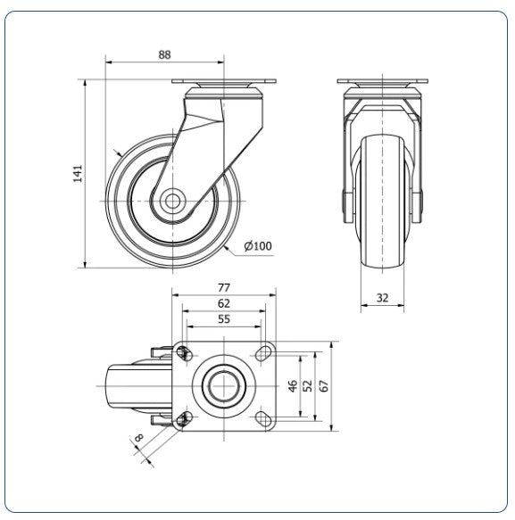 PU voor ziekenhuis zwenkwiel met topplaat - 100mm - 80kg Kogellager