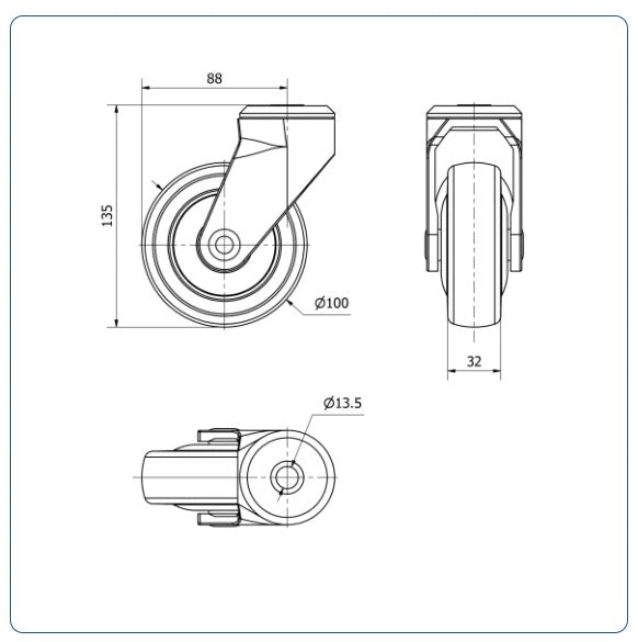 PU voor ziekenhuis zwenkwiel met centraal gat - 100mm - 80kg Kogellager