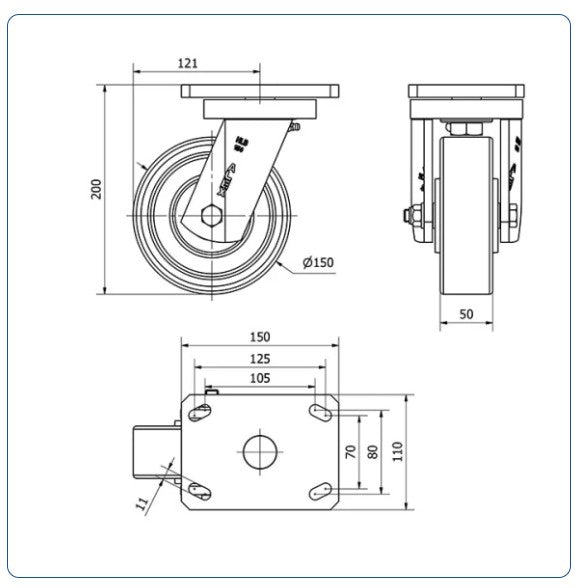 PU zwaarlast zwenkwiel - 150mm - 800kg Kogellager
