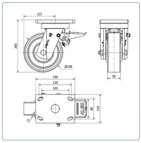 PU zwaarlast zwenkwiel geremd met topplaat - 150mm - 800kg Kogellager