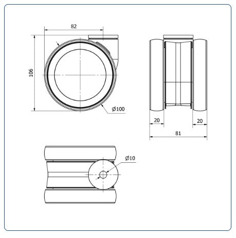 PU voor ziekenhuis Dubbel zwenkwiel met centraal gat - 100mm - 125kg Kogellager