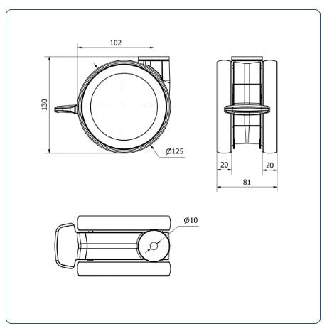 PU voor ziekenhuis Dubbel zwenkwiel geremd met centraal gat - 125mm - 125kg Kogellager