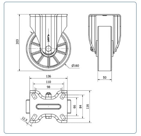 PU aluminium  zwenkwiel bokwiel versterkt  - 160mm - 600kg Kogellager