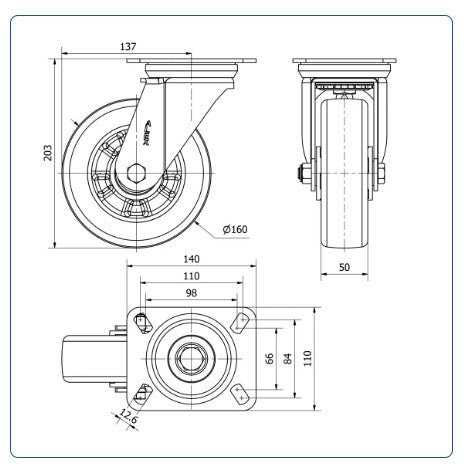 Premium PU aluminium  zwenkwiel met topplaat versterkt  - 160mm - 550kg Kogellager