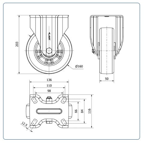 Premium PU aluminium  bokwiel versterkt  - 160mm - 550kg Kogellager