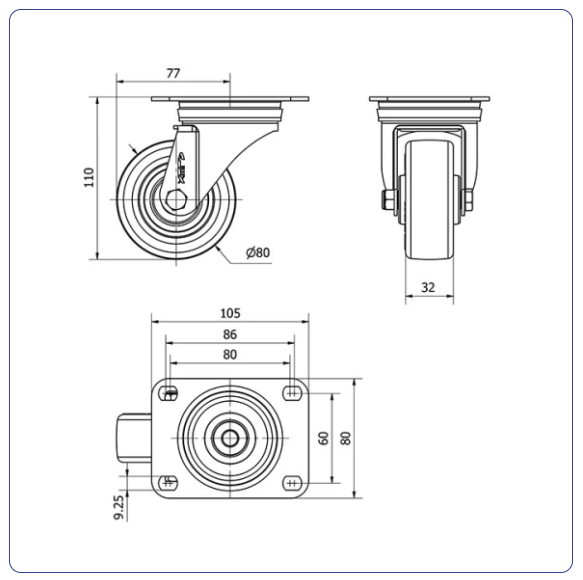 PU zwenkwiel met topplaat - 80mm - 150kg Rollen