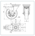 Premium PU aluminium  zwenkwiel geremd met topplaat versterkt  - 160mm - 550kg Kogellager