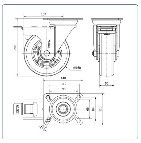 Premium PU aluminium  zwenkwiel geremd met topplaat versterkt  - 160mm - 550kg Kogellager