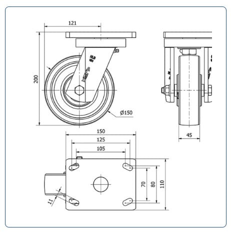 Nylon zwaarlast zwenkwiel - 150mm - 900kg Kogellager