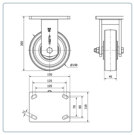 Nylon zwaarlast Bokwiel- 150mm - 900kg Kogellager