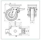 Nylon zwaarlast zwenkwiel geremd met topplaat- 150mm - 900kg Kogellager