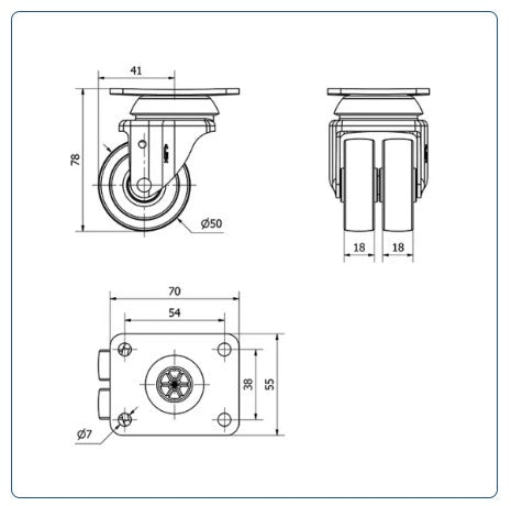 Rubber dubbel zwenkwiel met topplaat - 50mm - 70kg