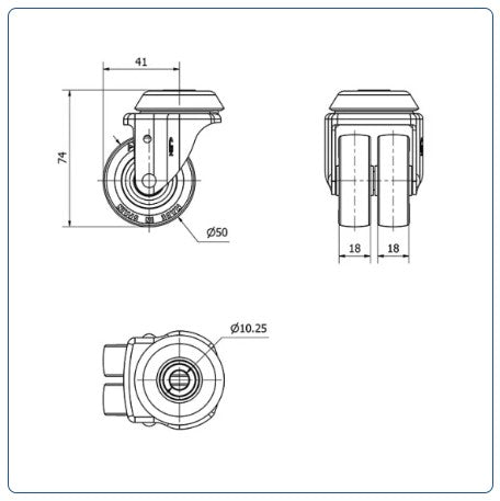 Rubber dubbel zwenkwiel met centraal gat - 50mm - 70kg