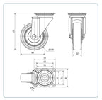 TPR rubber zwenkwiel met topplaat - 100mm - 100kg- Kogellager