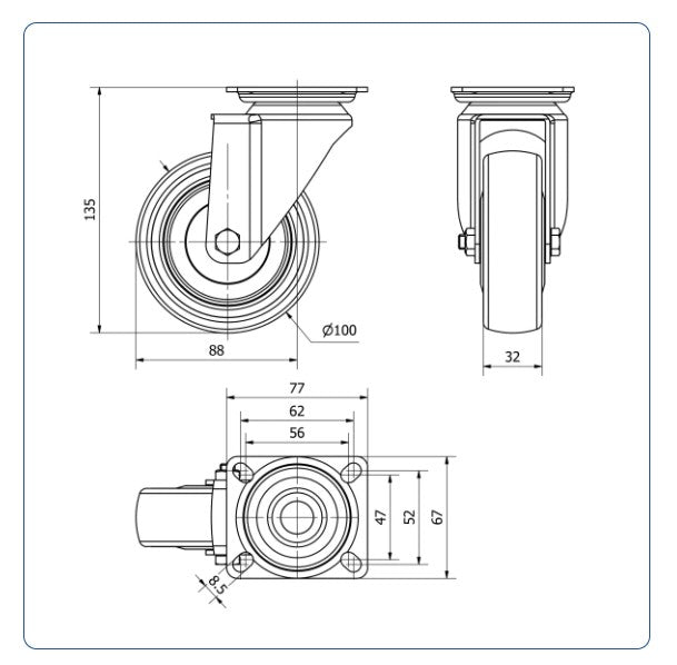 TPR rubber zwenkwiel met topplaat - 100mm - 100kg- Kogellager