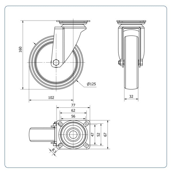 TPR rubber zwenkwiel met topplaat - 125mm - 100kg