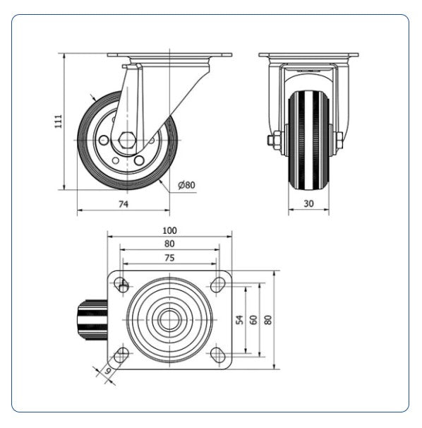 Rubber zwenkwiel met topplaat - 80mm - 70kg Rollen