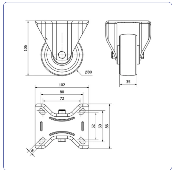 Nylon bokwiel  - 80mm - 130kg Rollen
