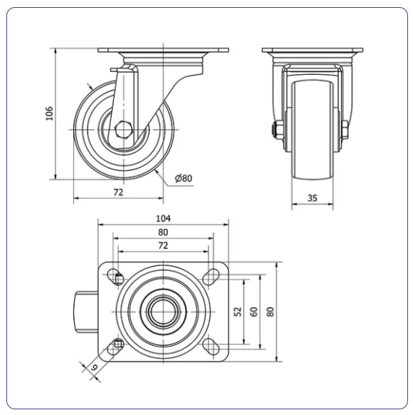 Nylon zwenkwiel met topplaat - 80mm - 130kg