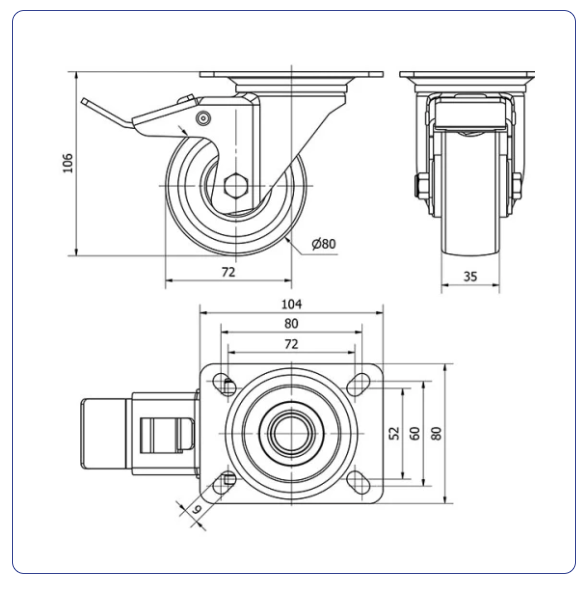 Nylon zwenkwiel geremd met topplaat - 80mm - 130kg Rollen