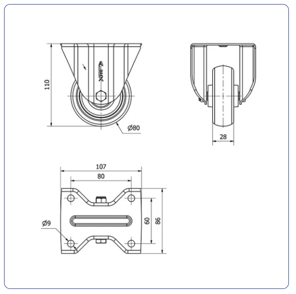 Spuitgegoten Rubber RVS bokwiel - 80mm - 80kg