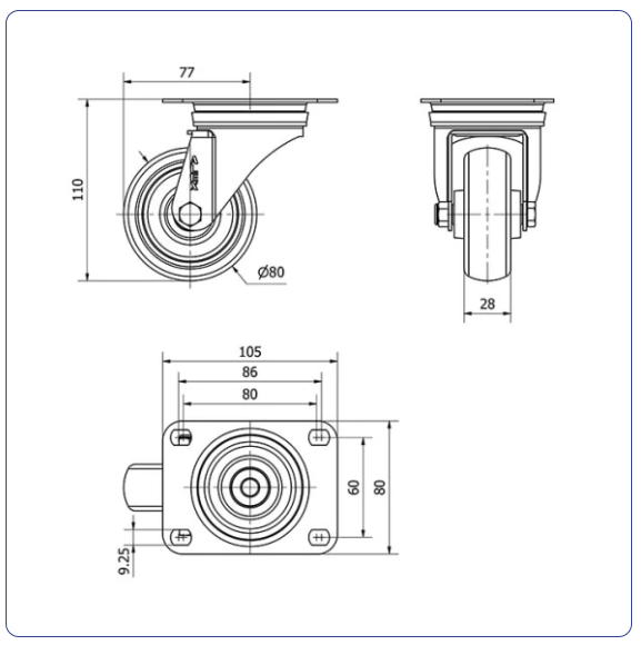 Spuitgegoten Rubber RVS zwenkwiel  met topplaat - 80mm - 80kg