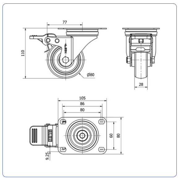 Spuitgegoten Rubber RVS zwenkwiel geremd met topplaat - 80mm - 80kg