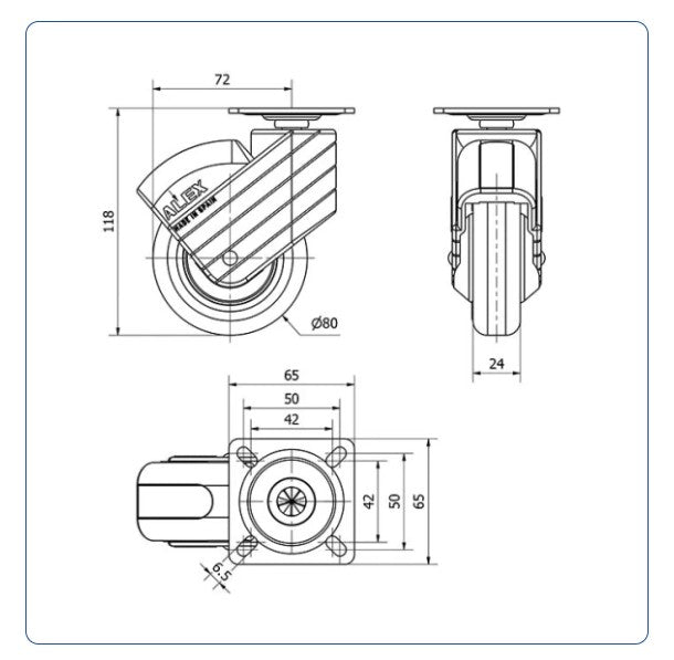 PU zwenkwiel met topplaat - 80mm - 40kg