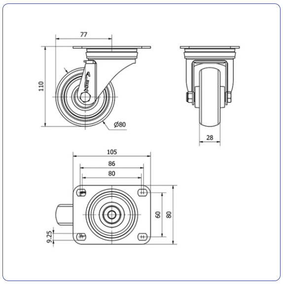 TPR Rubber Premium zwenkwiel  met topplaat - 80mm - 80kg Rollen