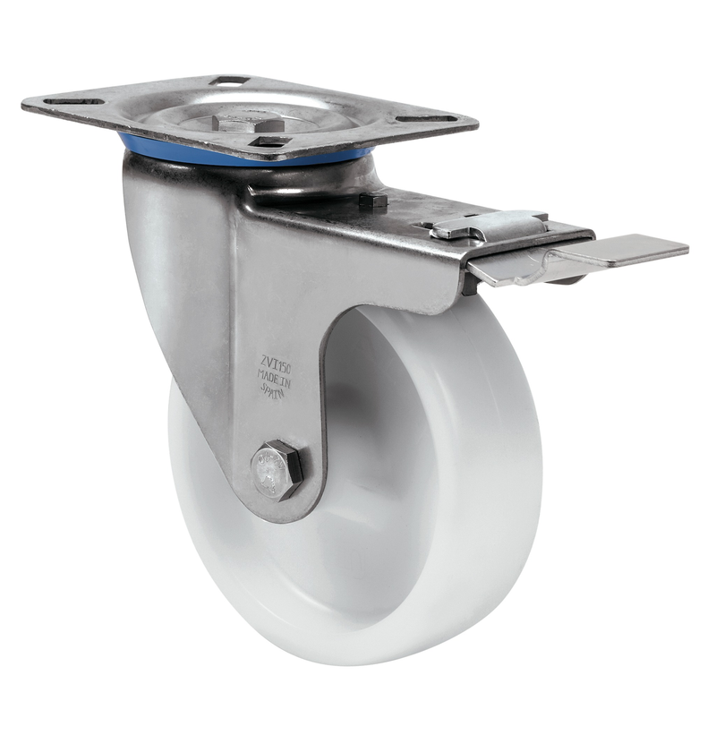 Nylon RVS zwenkwiel geremd met topplaat - 125mm - 250kg