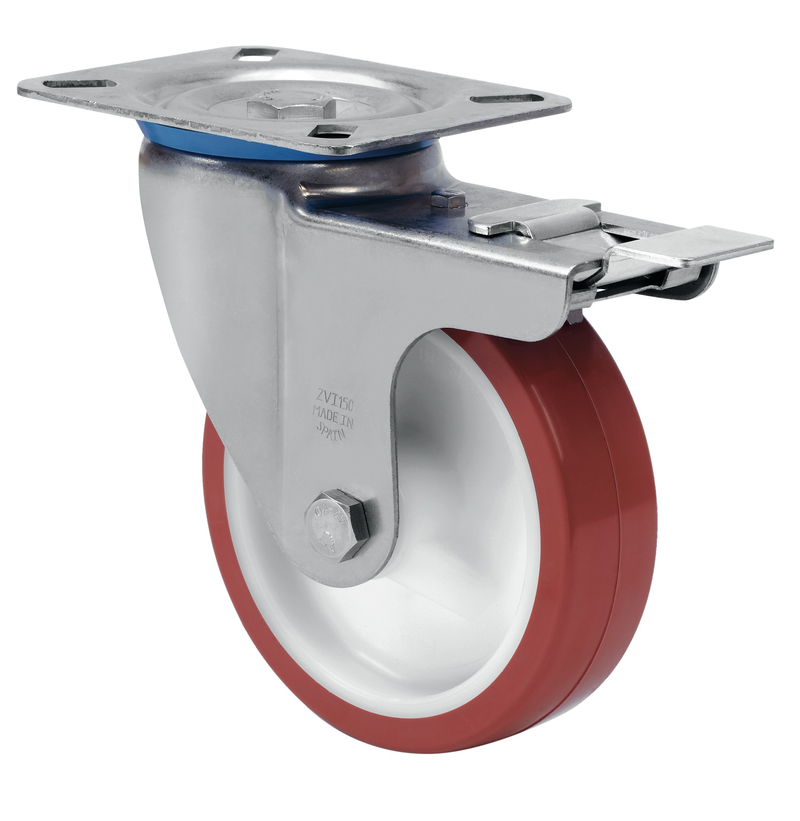Polyurethaan zwenkwiel geremd met topplaat - 80mm - 150kg RVS rollen