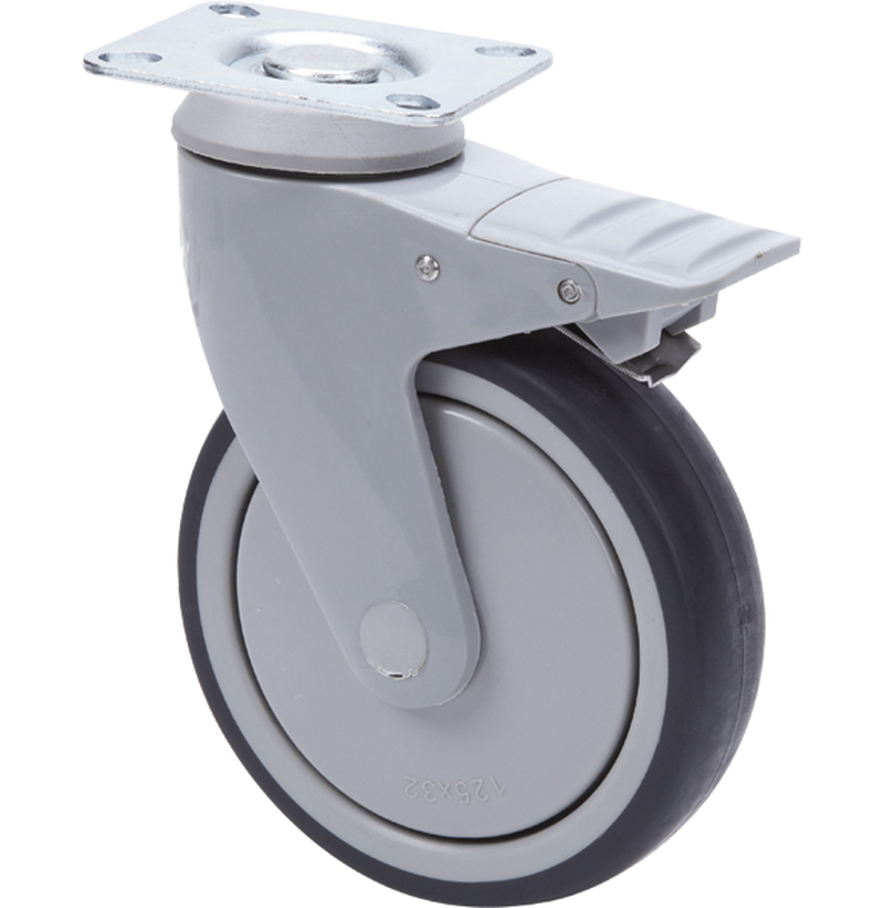 PU voor ziekenhuis zwenkwiel geremd met topplaat - 100mm - 80kg Kogellager