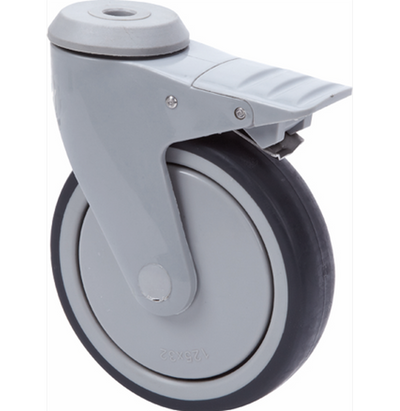 PU voor ziekenhuis zwenkwiel geremd met centraal gat - 100mm - 80kg Kogellager