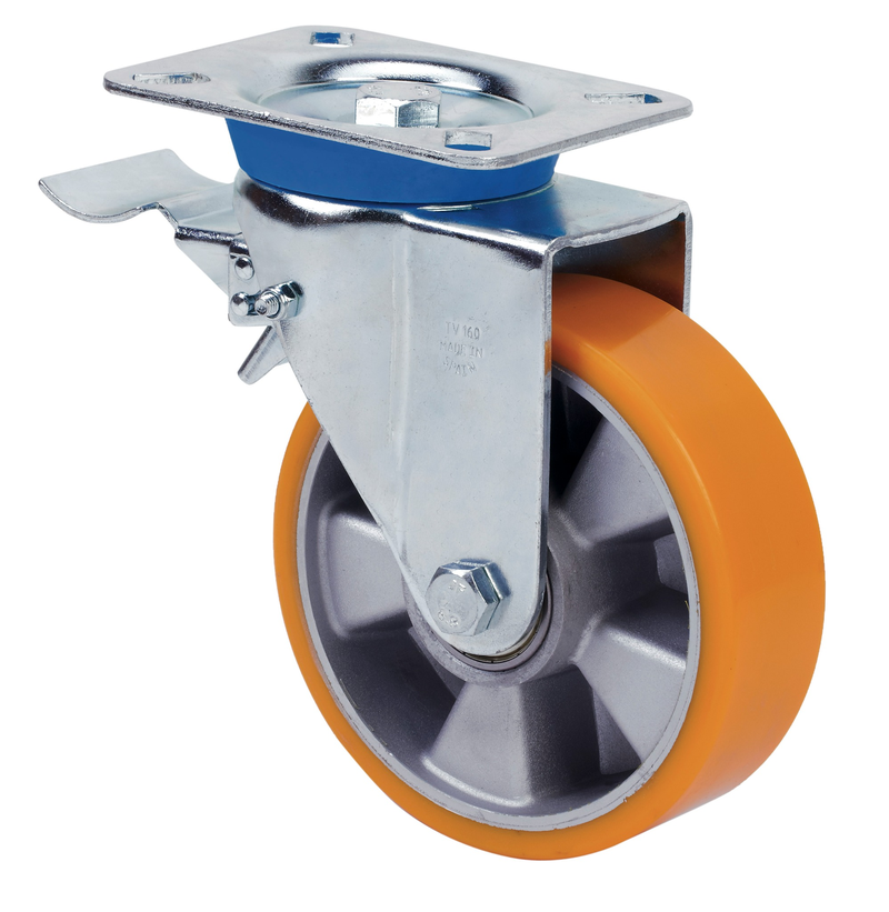 PU aluminium zwenkwiel geremd met topplaat  - 125mm - 500kg Kogellager