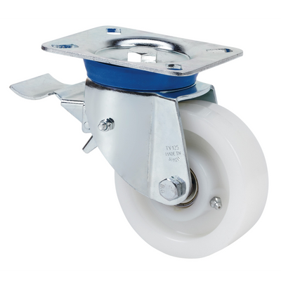 Nylon zwenkwiel geremd met topplaat - 100mm - 400kg Kogellager