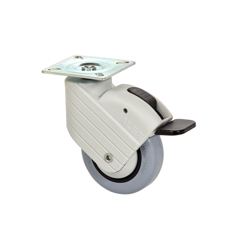 PU zwenkwiel geremd met topplaat - 100mm - 40kg