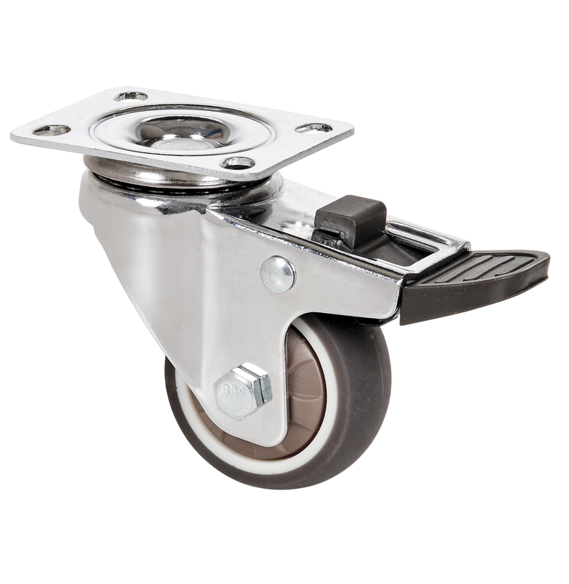 Meubel zwenkwiel TPR geremd met topplaat  - 60mm - 40kg Kogellager