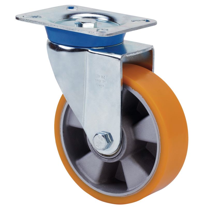 PU aluminium zwenkwiel met topplaat  - 200mm - 800kg Kogellager