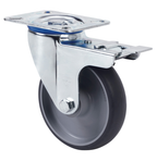 Spuitgegoten Rubber zwenkwiel geremd met topplaat - 100mm - 100kg