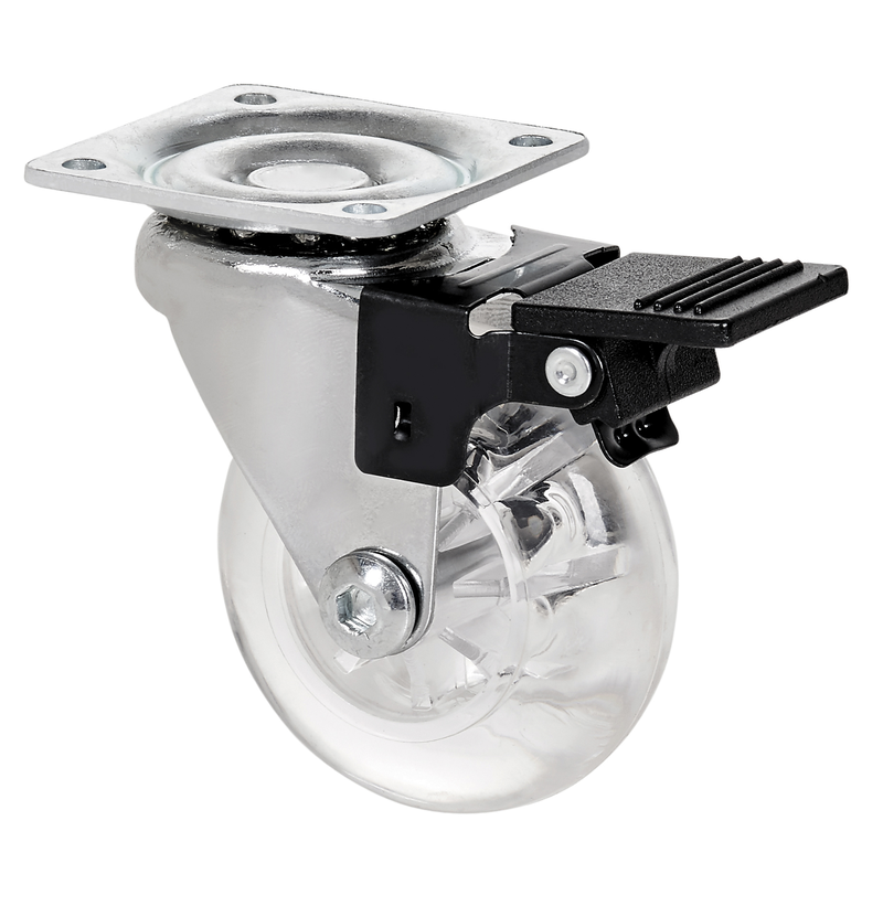 Transparant Meubel zwenkwiel geremd met topplaat  - 75mm - 60kg